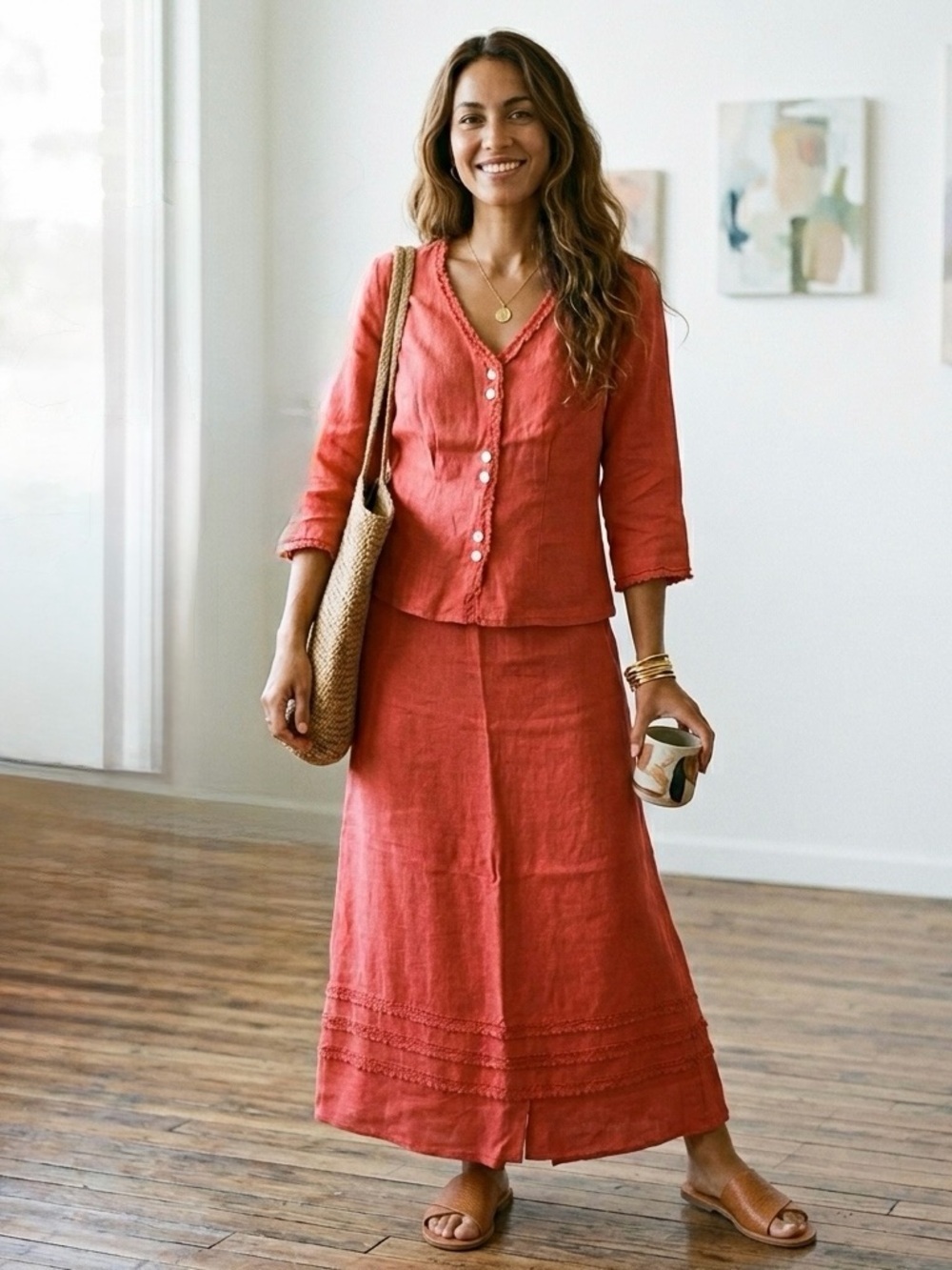 Willow 100% Linen Set Salmon Lagenlook Earthy Button Blouse S & Maxi Skirt L